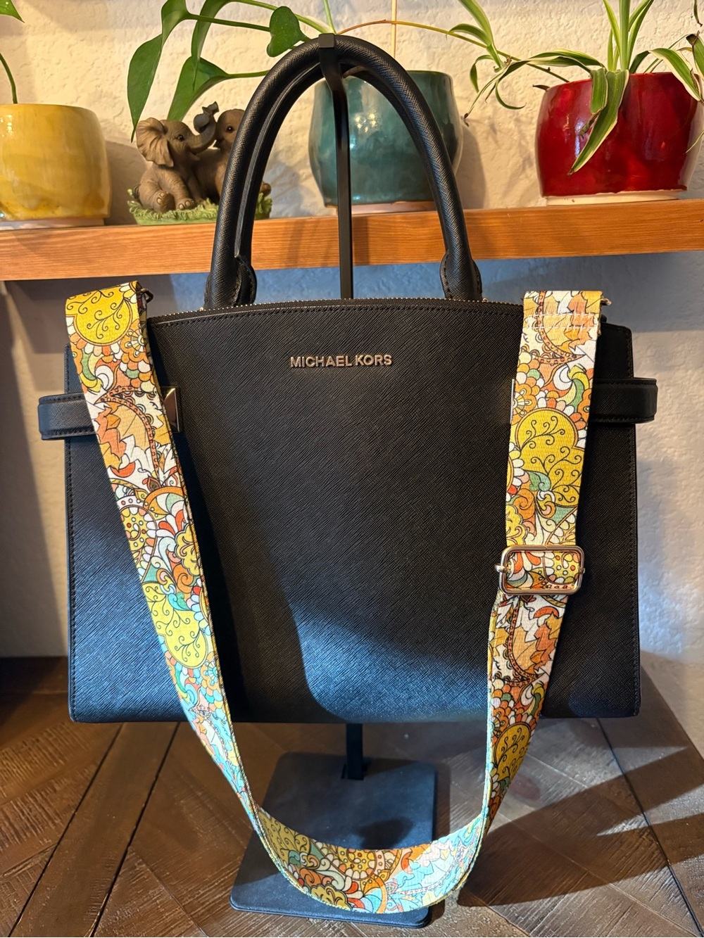Michael Kors Black Saffiano Satchel with Floral Yellow Multi Strap